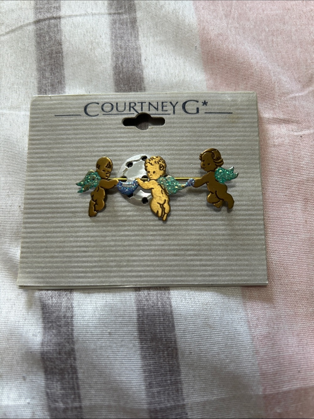 Gold Cherub Brooch with Green Wings New
